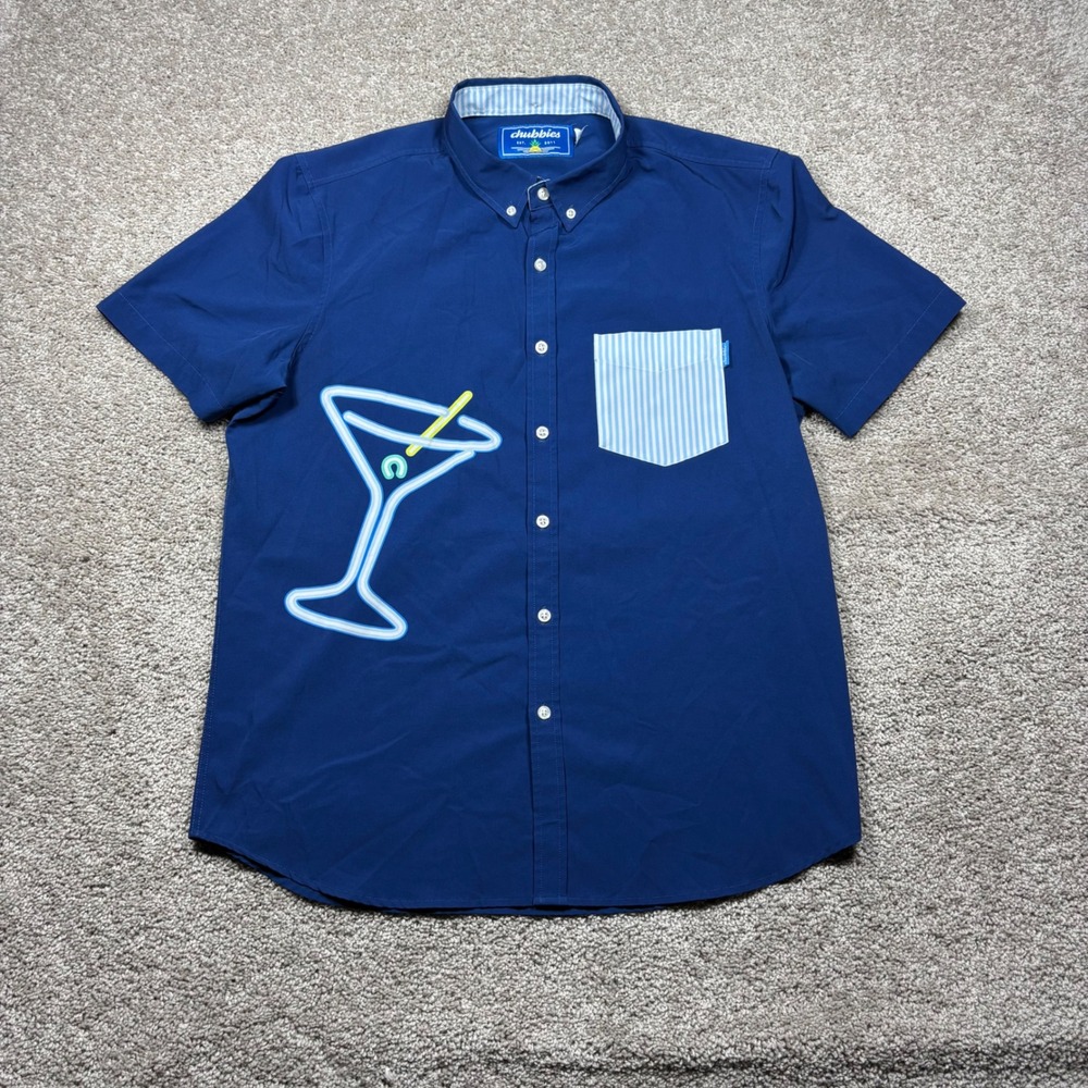 Chubbies Mens Large Navy Blue Neon Martini Glass Short Sleeve Button Down Shirt